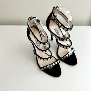 PRADA Black Suede Silver Studded Strappy Sandals Heels Size 38.5 (US 8.5)
